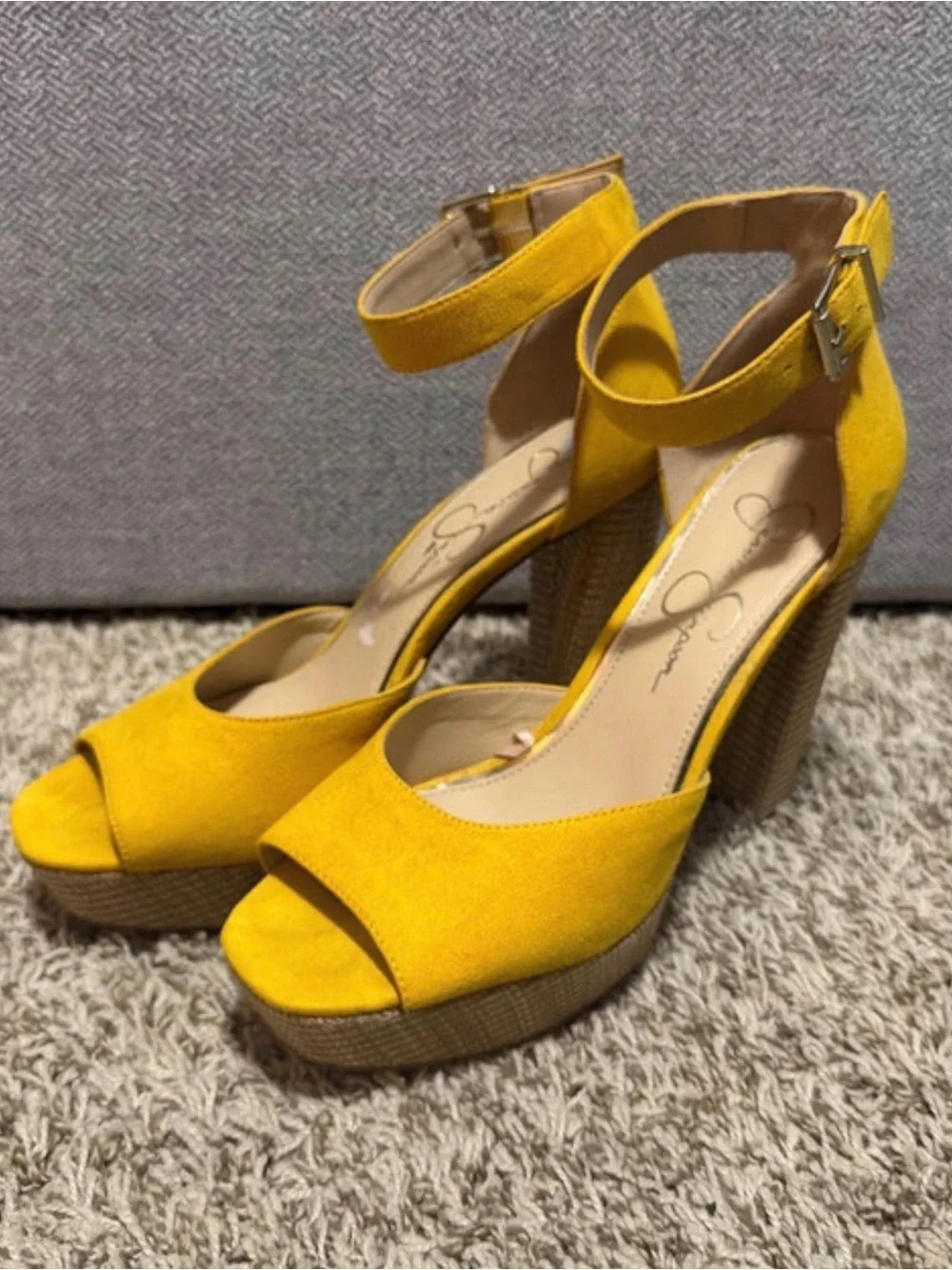 Jessica Simpson Bright Yellow Suede Platform Ankle-Strap Heels